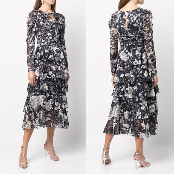 Marchesa Notte Floral-Print Tiered Midi Dress in Navy 14 - Picture 2 of 12